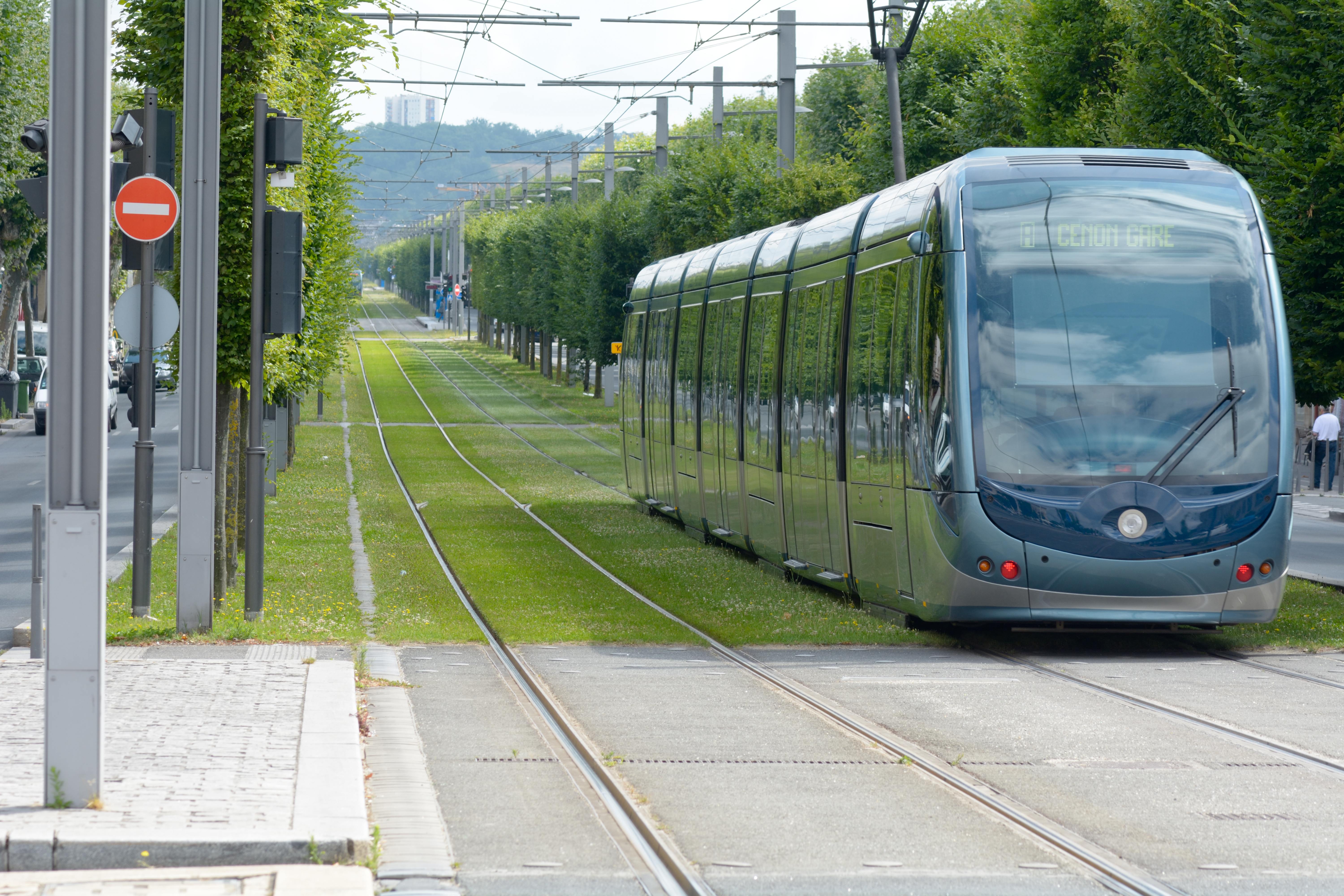 Tram leaving Stalingrad stop on line B in Bordeaux, France